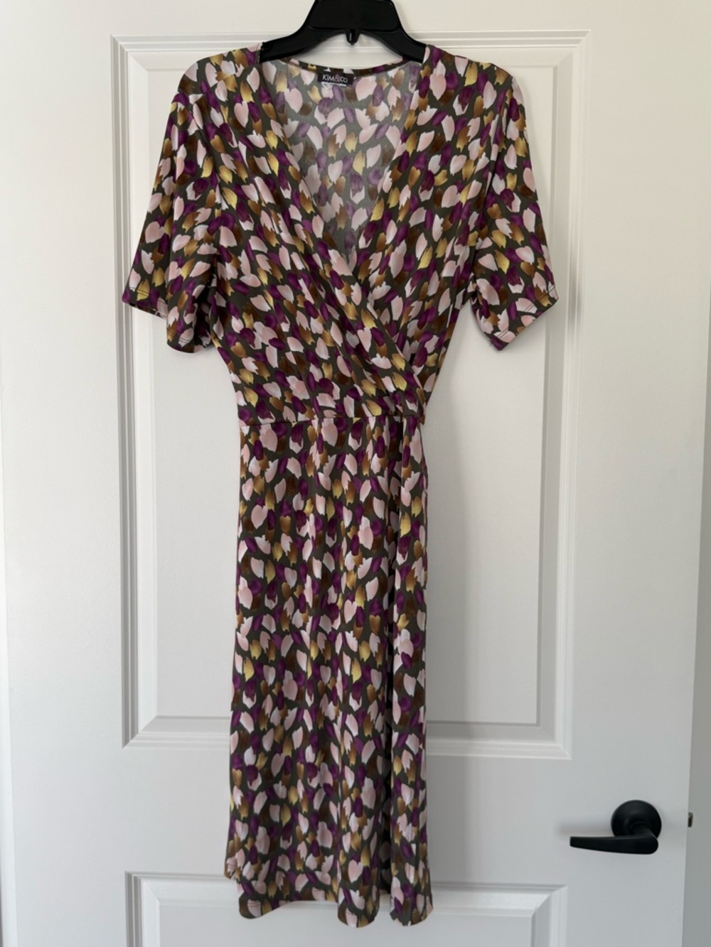 Kimono-Inspired Wrap Midi Dress in Purple Leaf Print
